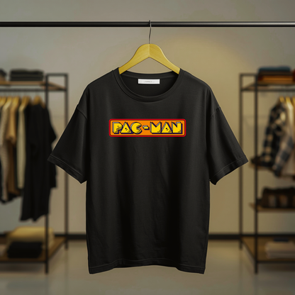 Pac-Man inspired colorful retro arcade graphic on the front of a black T-shirt