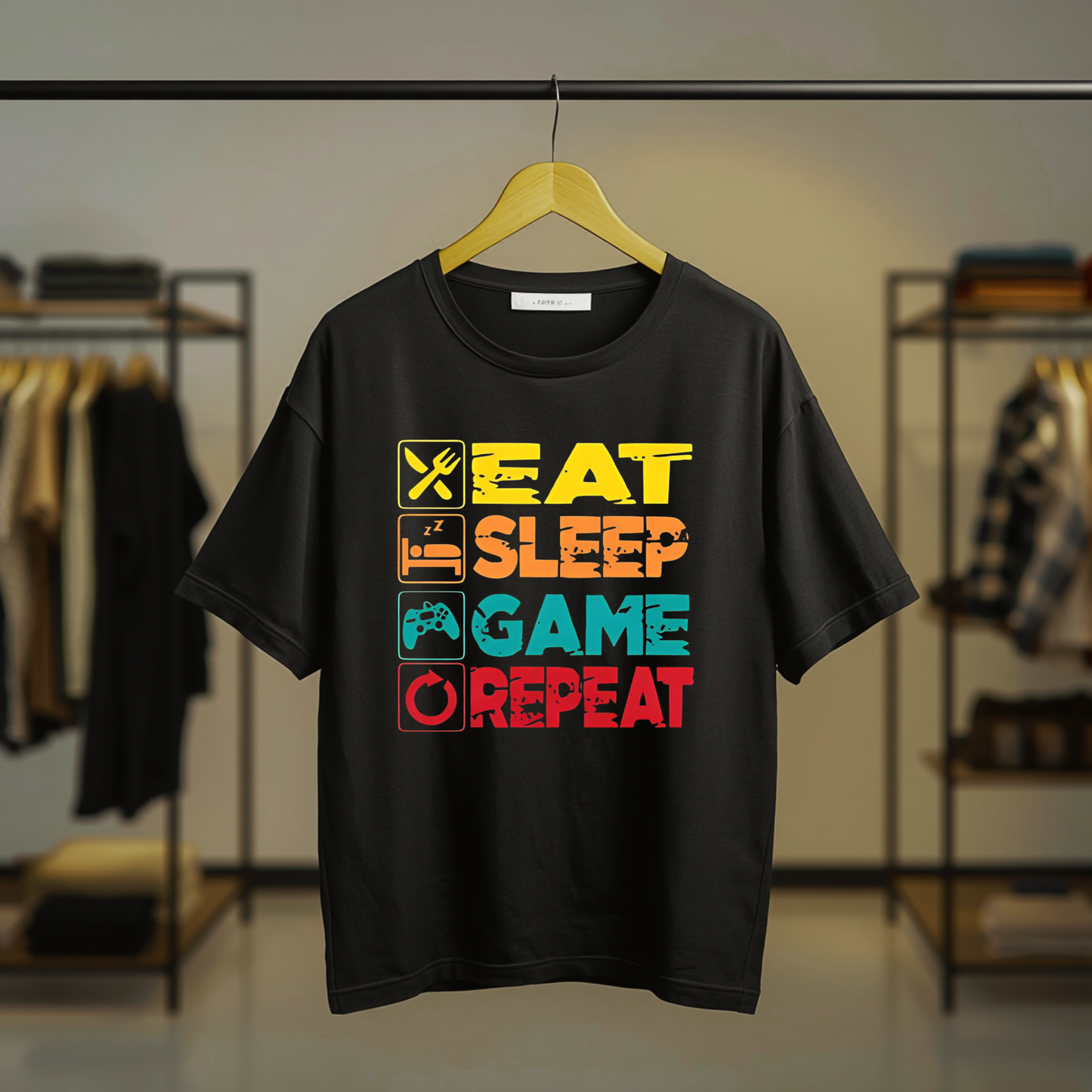 Pac-Man inspired colorful retro arcade graphic on the front of a black T-shirt