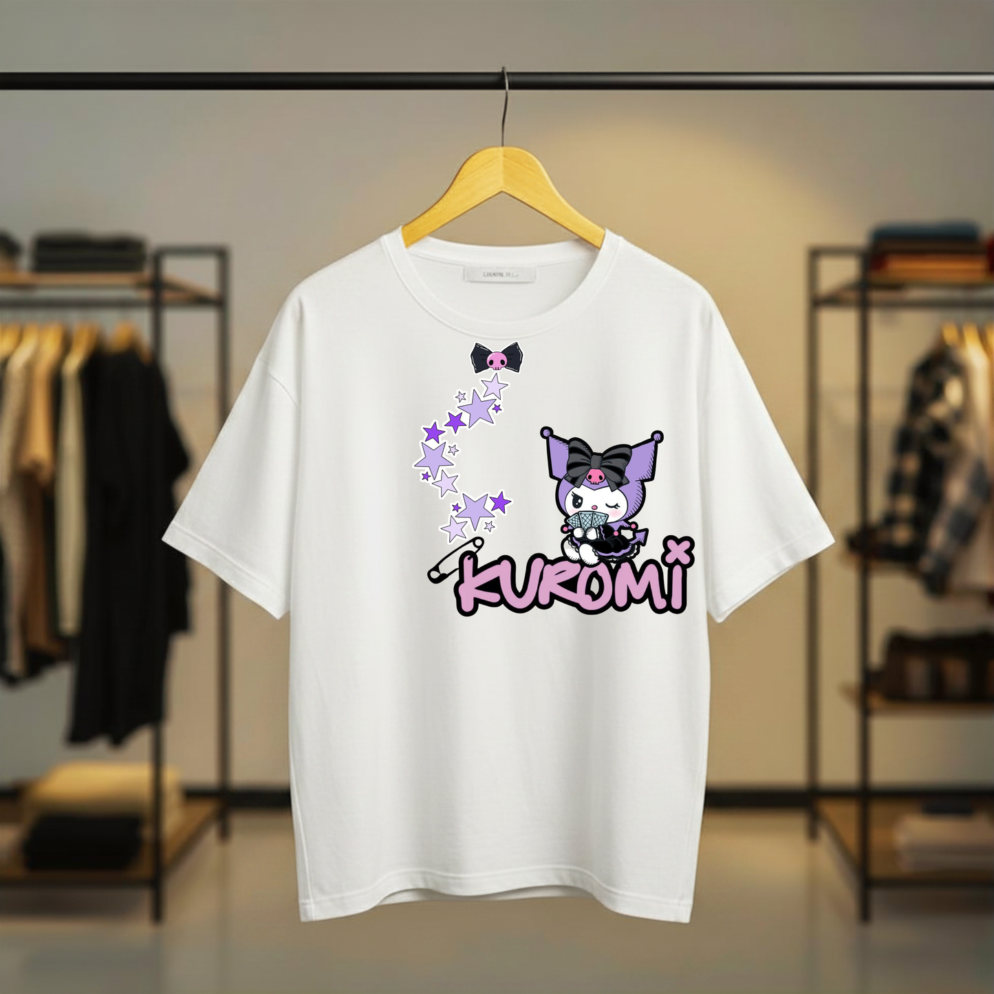 White Kuromi graphic T-shirt featuring a purple and black Kuromi character front print with pink lettering