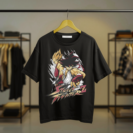 Street Fighter Akuma & Super Saiyan Vegeta Graphic Black T-Shirt