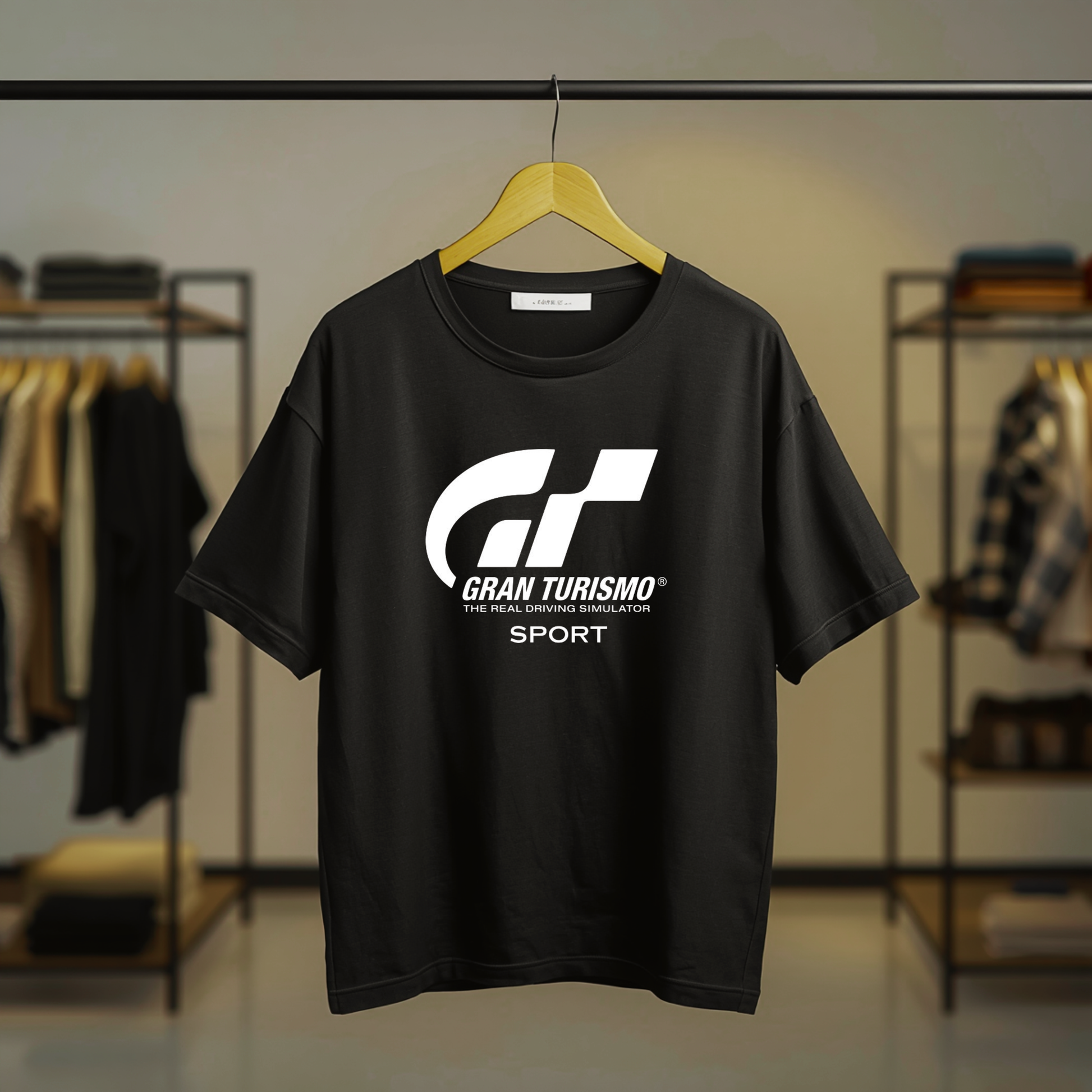 Black Gran Turismo Sport graphic T-shirt with large white front print
