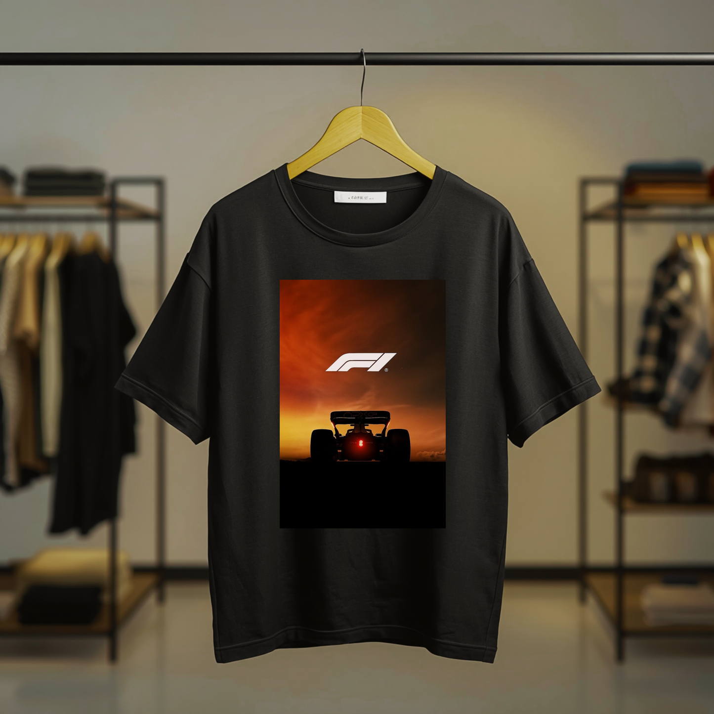 Black F1 racing graphic T-shirt featuring the F1 logo and Formula 1 car artwork on the front