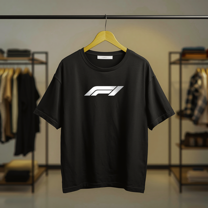 Black F1 racing graphic T-shirt featuring the F1 logo and Formula 1 car artwork on the front