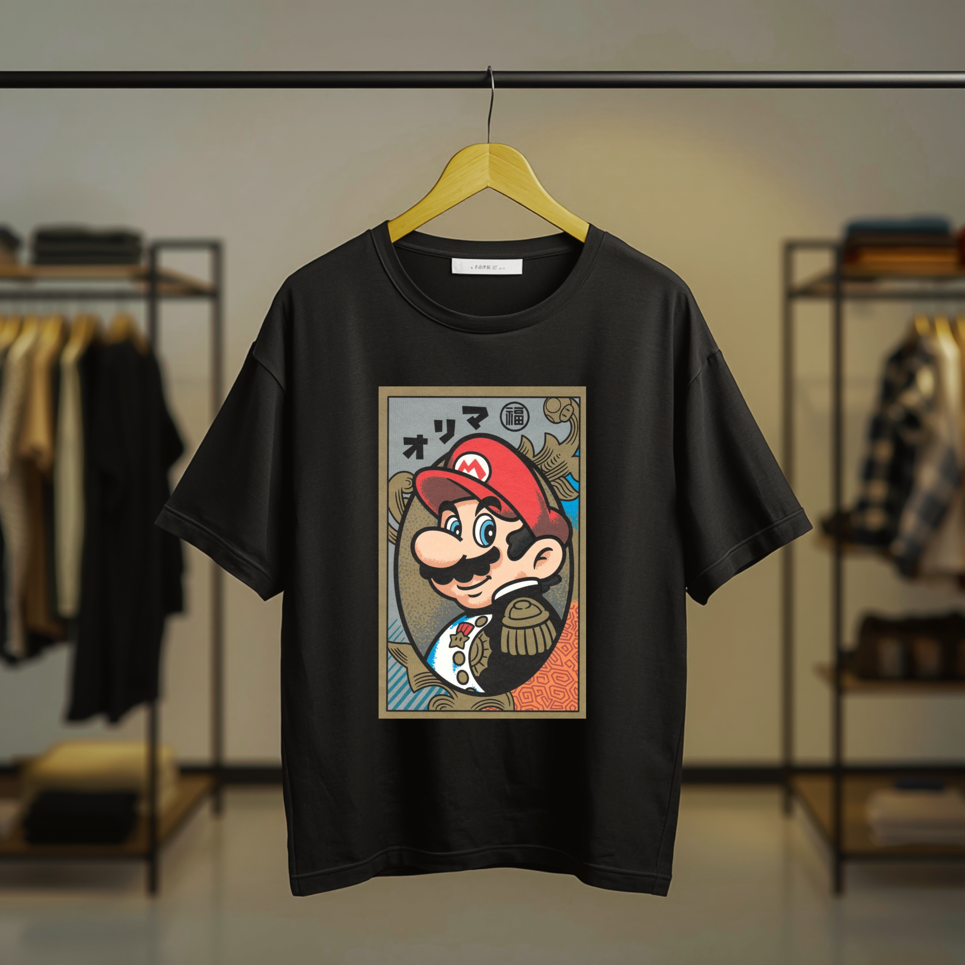 Super Mario Japanese-inspired vintage graphic on a black T-shirt