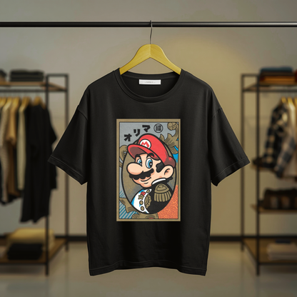 Super Mario Japanese-inspired vintage graphic on a black T-shirt