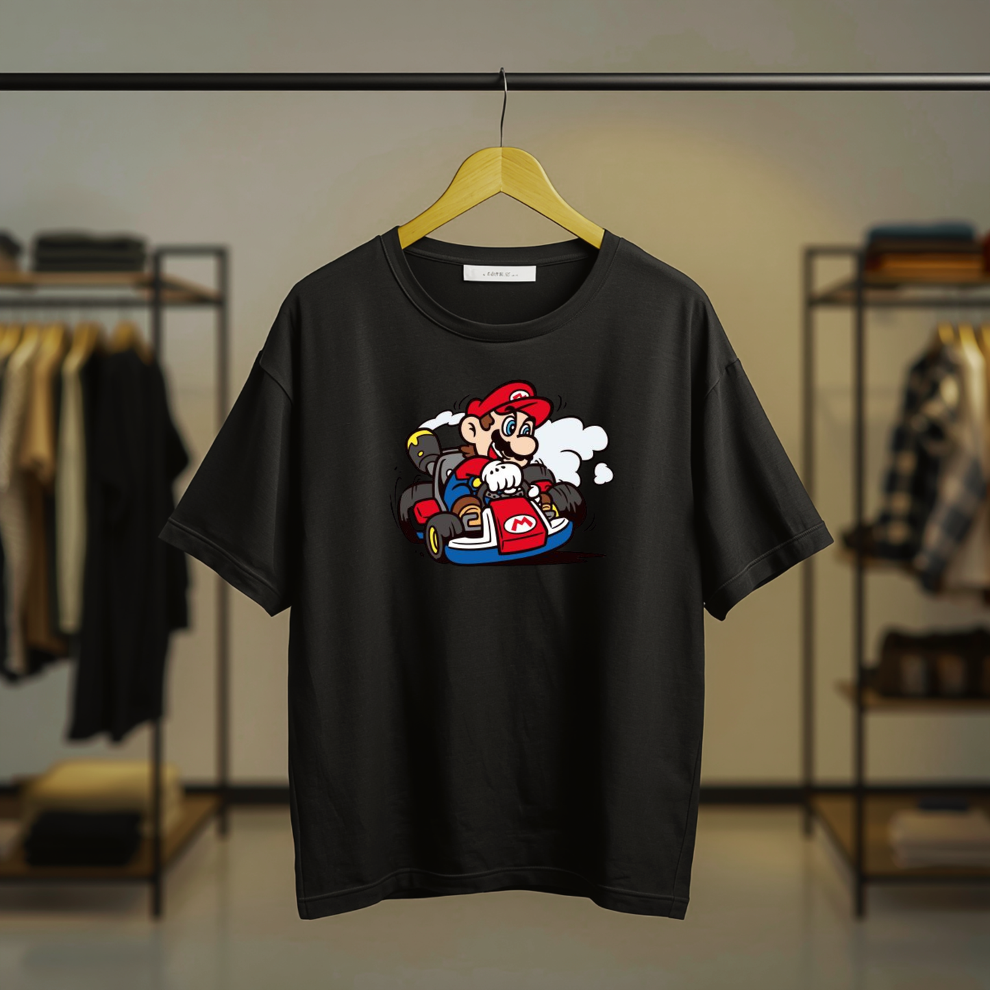 Mario racing in a kart graphic printed on a black T-shirt