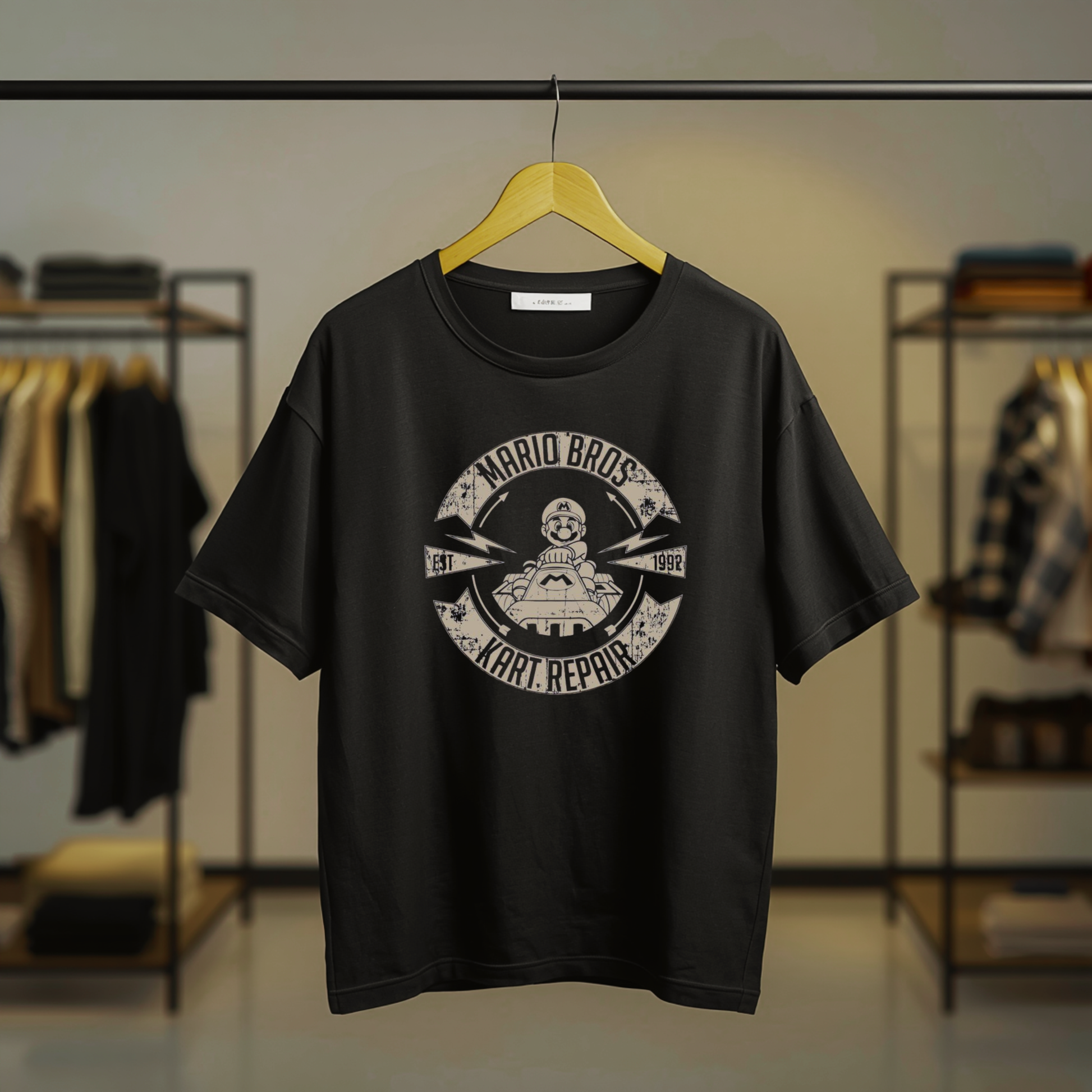 Mario racing in a kart graphic printed on a black T-shirt