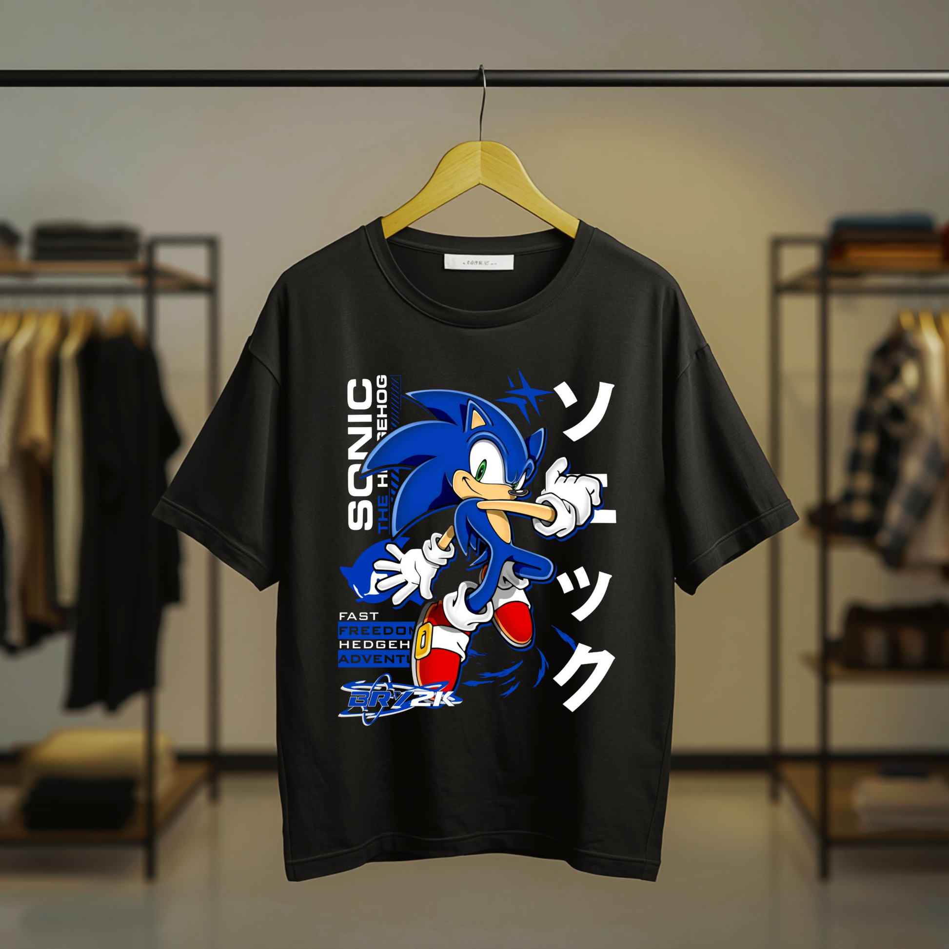 Sonic the Hedgehog graphic artwork with Japanese-style typography on a black T-shirt