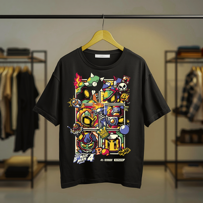 Bomberman colorful retro gaming graphic printed on a black T-shirt