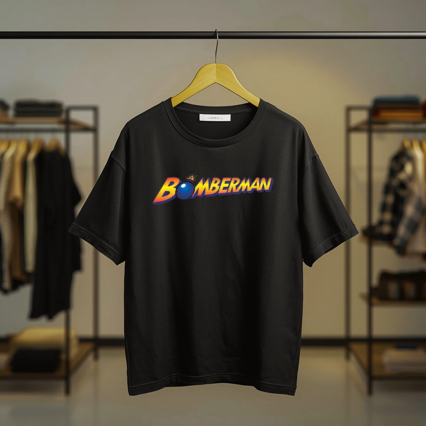 Bomberman colorful retro gaming graphic printed on a black T-shirt