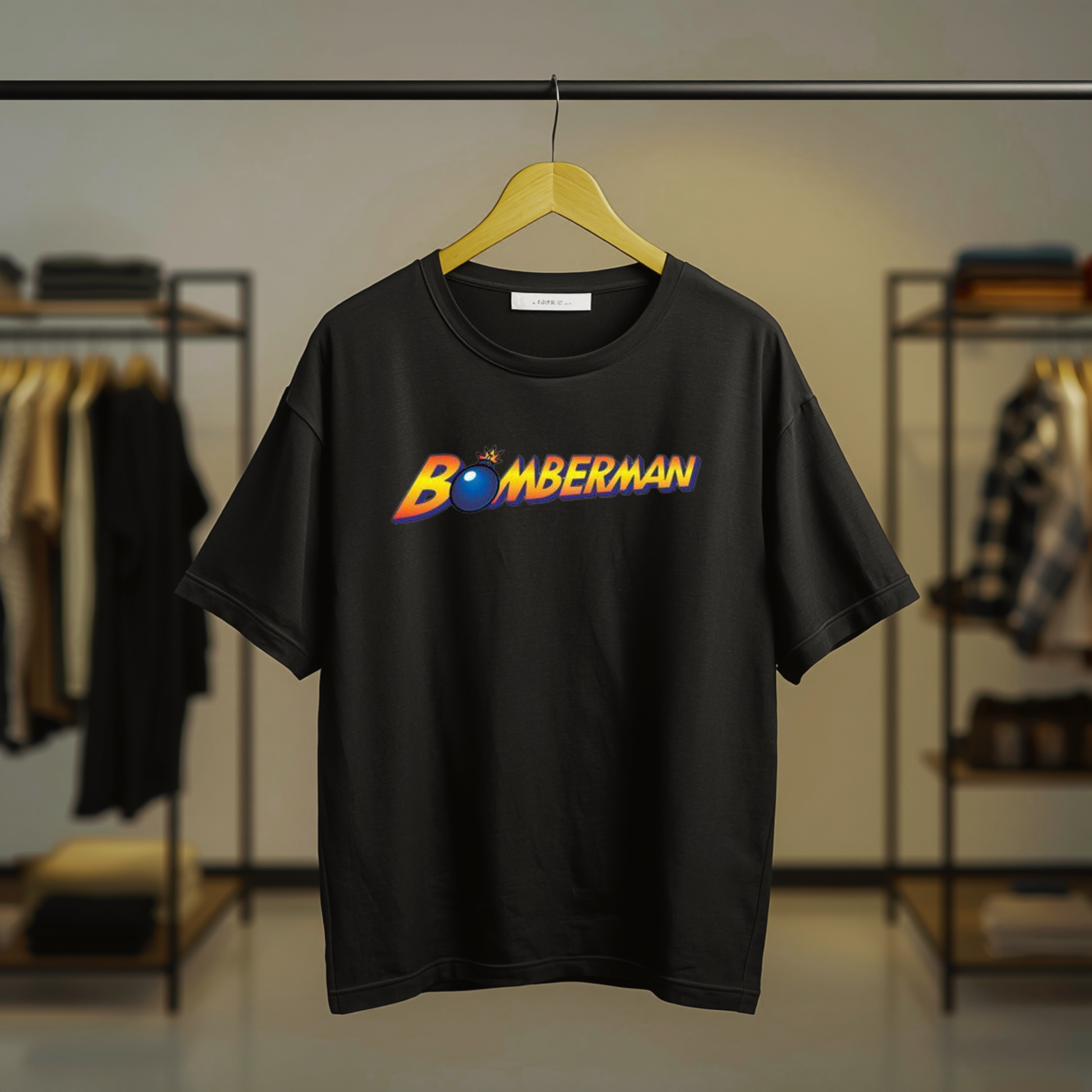 Bomberman colorful retro gaming graphic printed on a black T-shirt