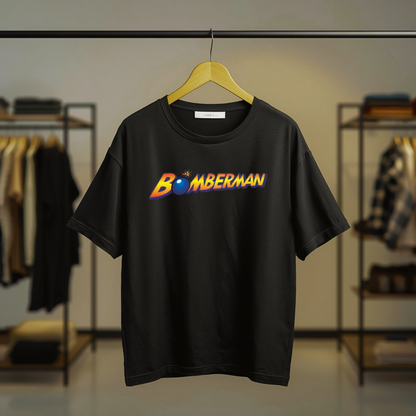 Bomberman colorful retro gaming graphic printed on a black T-shirt