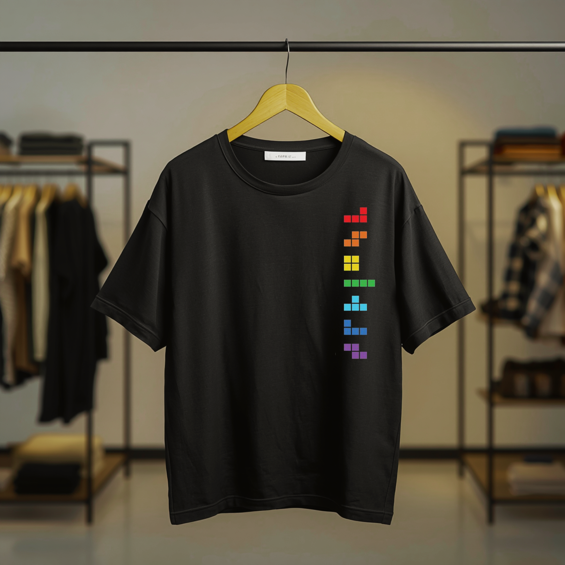 Tetris colorful block graphic on a black T-shirt with front right-side print