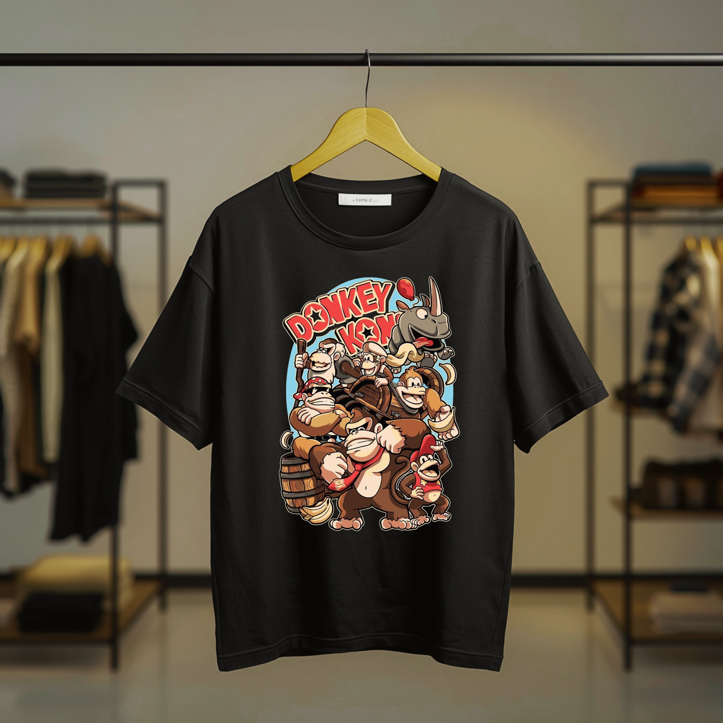 Donkey Kong colorful character graphic printed on the front of a black T-shirt