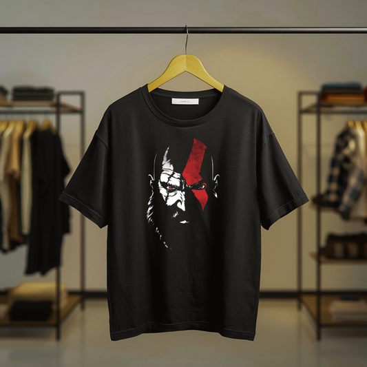 Black T-shirt featuring the God of War logo with the iconic red Omega symbol as a centered front print.