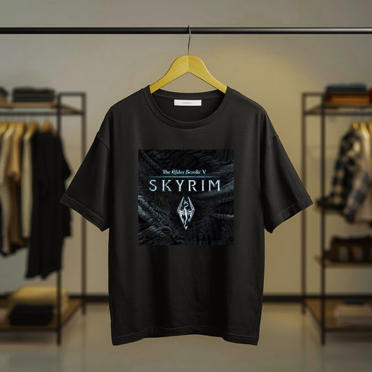 Black T-shirt featuring The Elder Scrolls V: Skyrim logo and Dragonborn-inspired front graphic design.