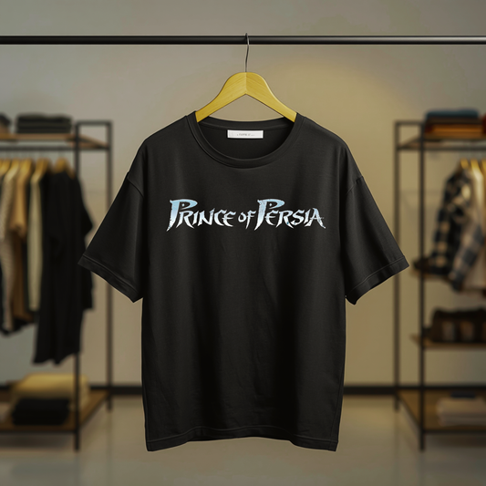 Black T-shirt with Prince of Persia logo graphic design printed on the front center