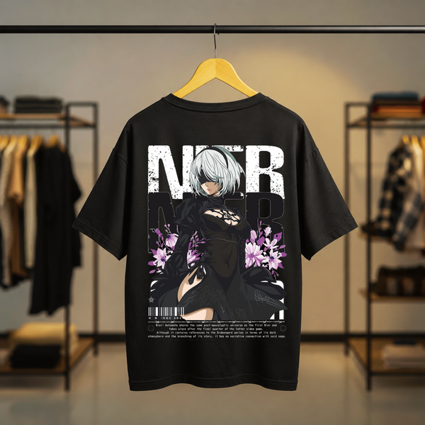 Black T-shirt with minimal front emblem and NieR Automata 2B character artwork printed on the back
