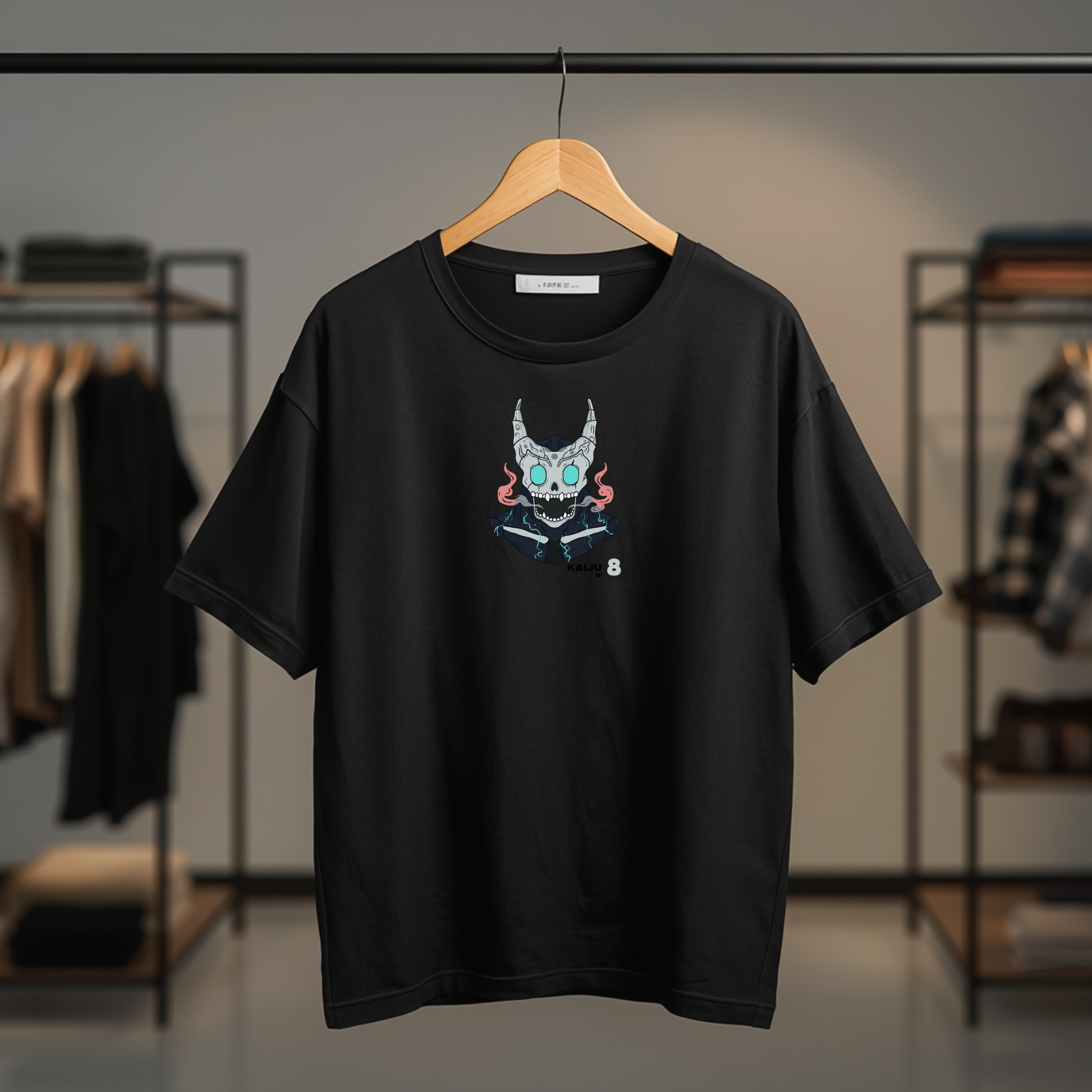 Black Kaiju No. 8 T-shirt featuring a small front character graphic and large back Kaiju No. 8 artwork with turquoise Japanese-inspired typography.