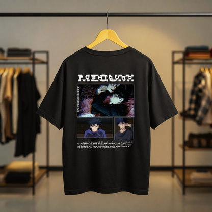Black Jujutsu Kaisen Megumi Fushiguro graphic T-shirt with anime artwork on the front and back.