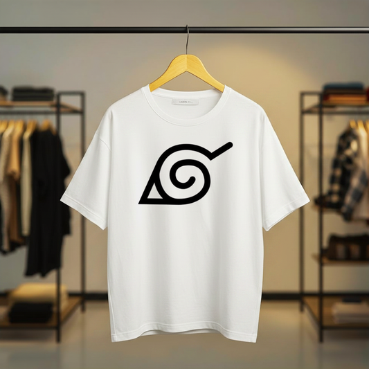 White T-shirt featuring the Naruto Hidden Leaf Village symbol in a black front chest graphic.