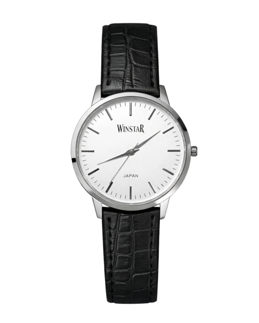 Winstar Japan F3598L Ladies Watch with Black Leather Strap and White Case