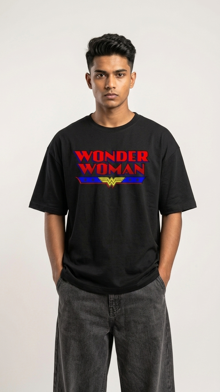Black Wonder Woman T-shirt featuring front superhero typography, Wonder Woman emblem, and illustrated character artwork