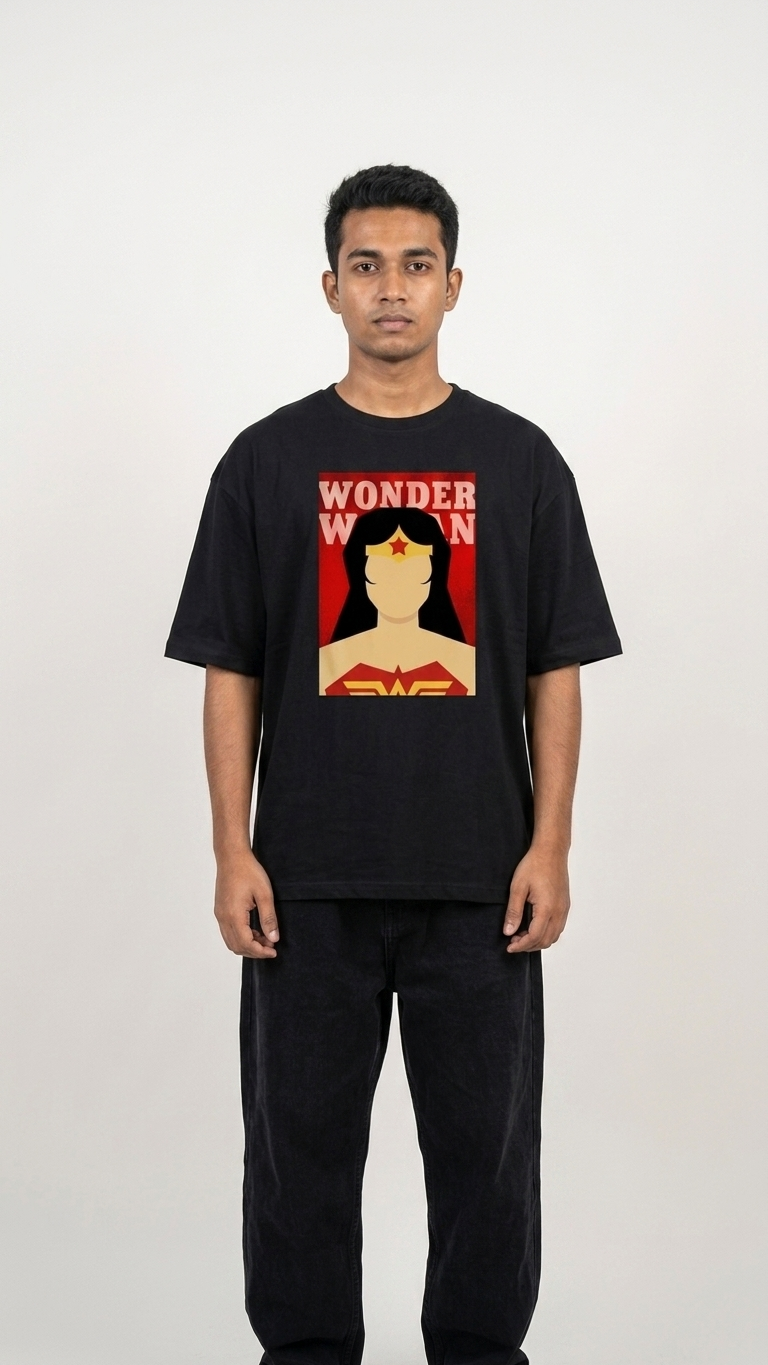 Black Wonder Woman T-shirt featuring front superhero typography, Wonder Woman emblem, and illustrated character artwork