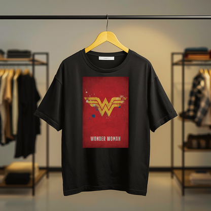 Black Wonder Woman T-shirt featuring front superhero typography, Wonder Woman emblem, and illustrated character artwork