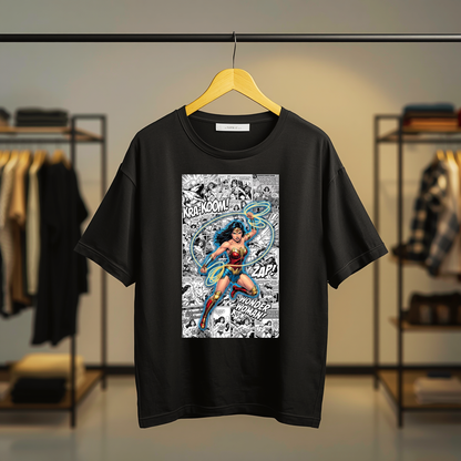 Black Wonder Woman T-shirt featuring front superhero typography, Wonder Woman emblem, and illustrated character artwork