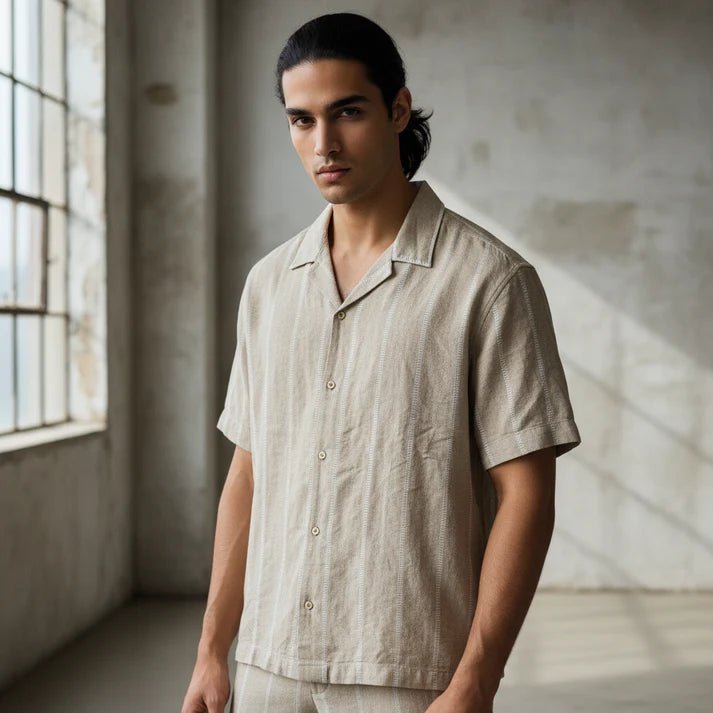 Baggy Shirt - Beige + White thin texture - Bangladesh Business Club