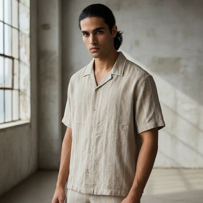 Baggy Shirt - Beige + White thin texture - Bangladesh Business Club