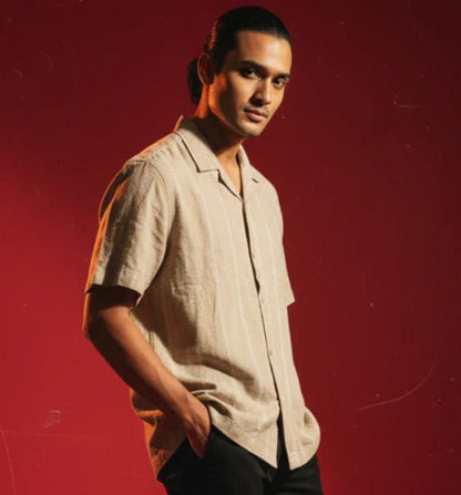 Baggy Shirt - Beige + White thin texture - Bangladesh Business Club