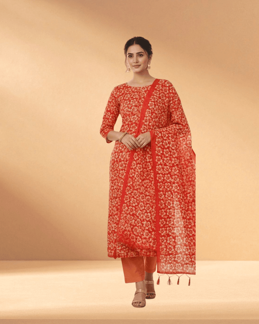 Baxi Ari & Batik Crimson Cinnabar Luxury Embroidered Chiffon 3 - Piece - Bangladesh Business Club