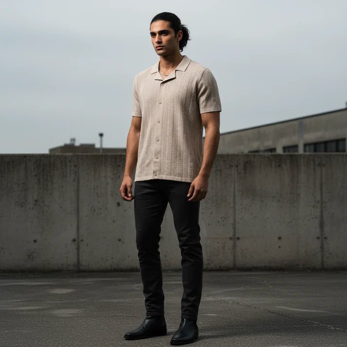 Beige - Knitted Short Sleeve Cuban - Bangladesh Business Club