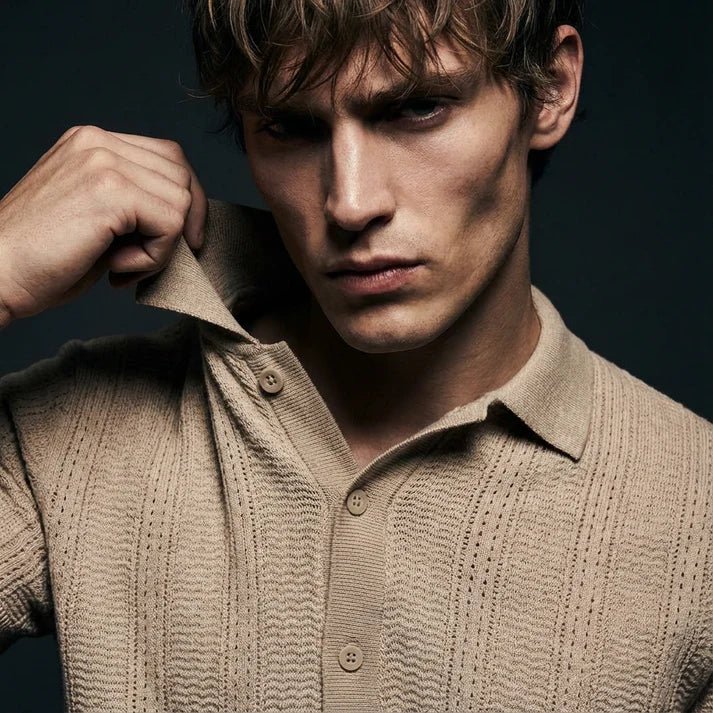 Beige - Knitted Short Sleeve Cuban - Bangladesh Business Club