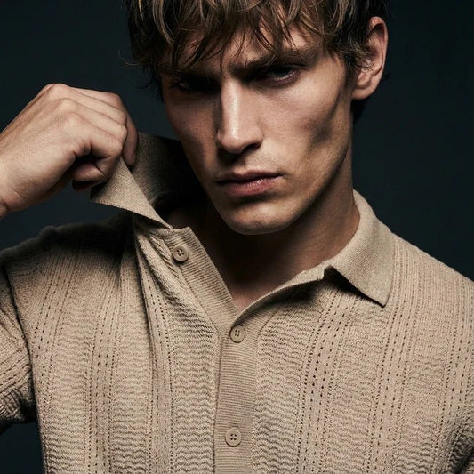 Beige - Knitted Short Sleeve Cuban - Bangladesh Business Club