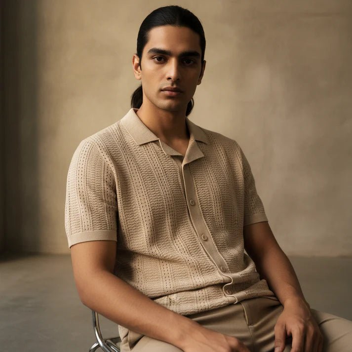 Beige - Knitted Short Sleeve Cuban - Bangladesh Business Club