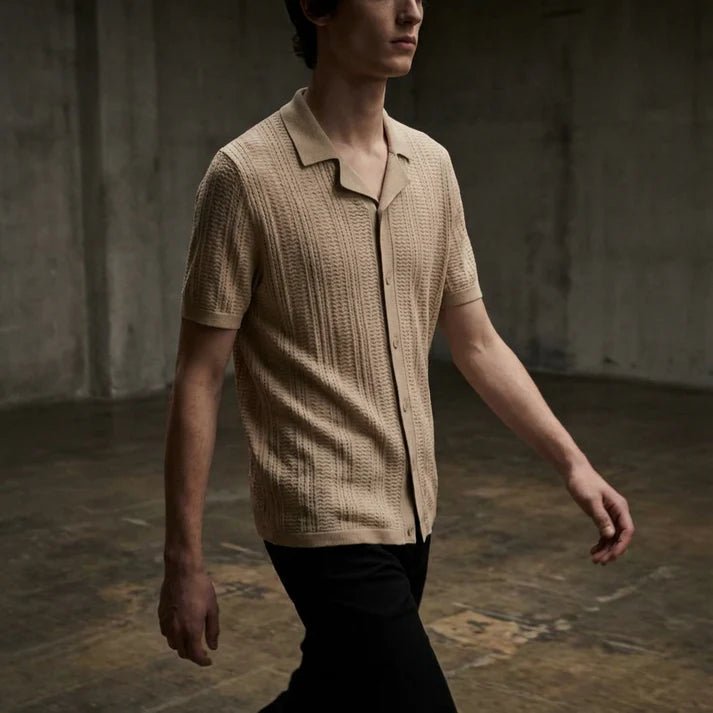 Beige - Knitted Short Sleeve Cuban - Bangladesh Business Club