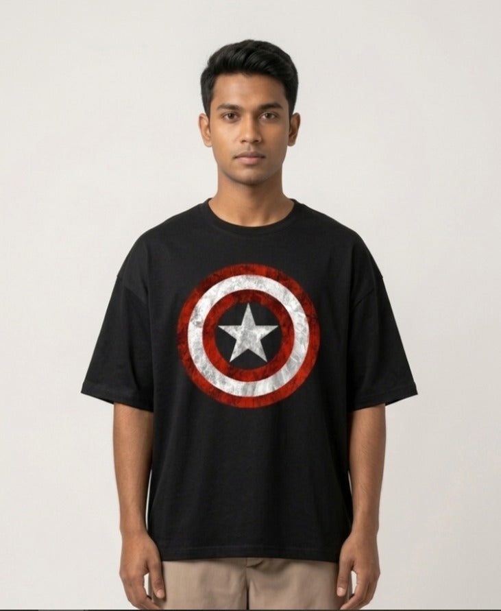 Black T-shirt featuring Captain America with his iconic shield and bold Captain America graphic artwork on the front.