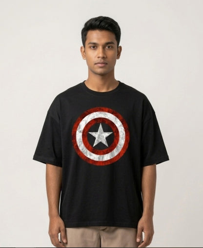 Black T-shirt featuring Captain America with his iconic shield and bold Captain America graphic artwork on the front.