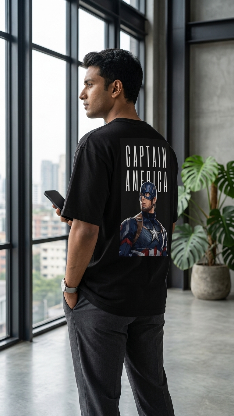 Black T-shirt featuring Captain America with his iconic shield and bold Captain America graphic artwork on the front.