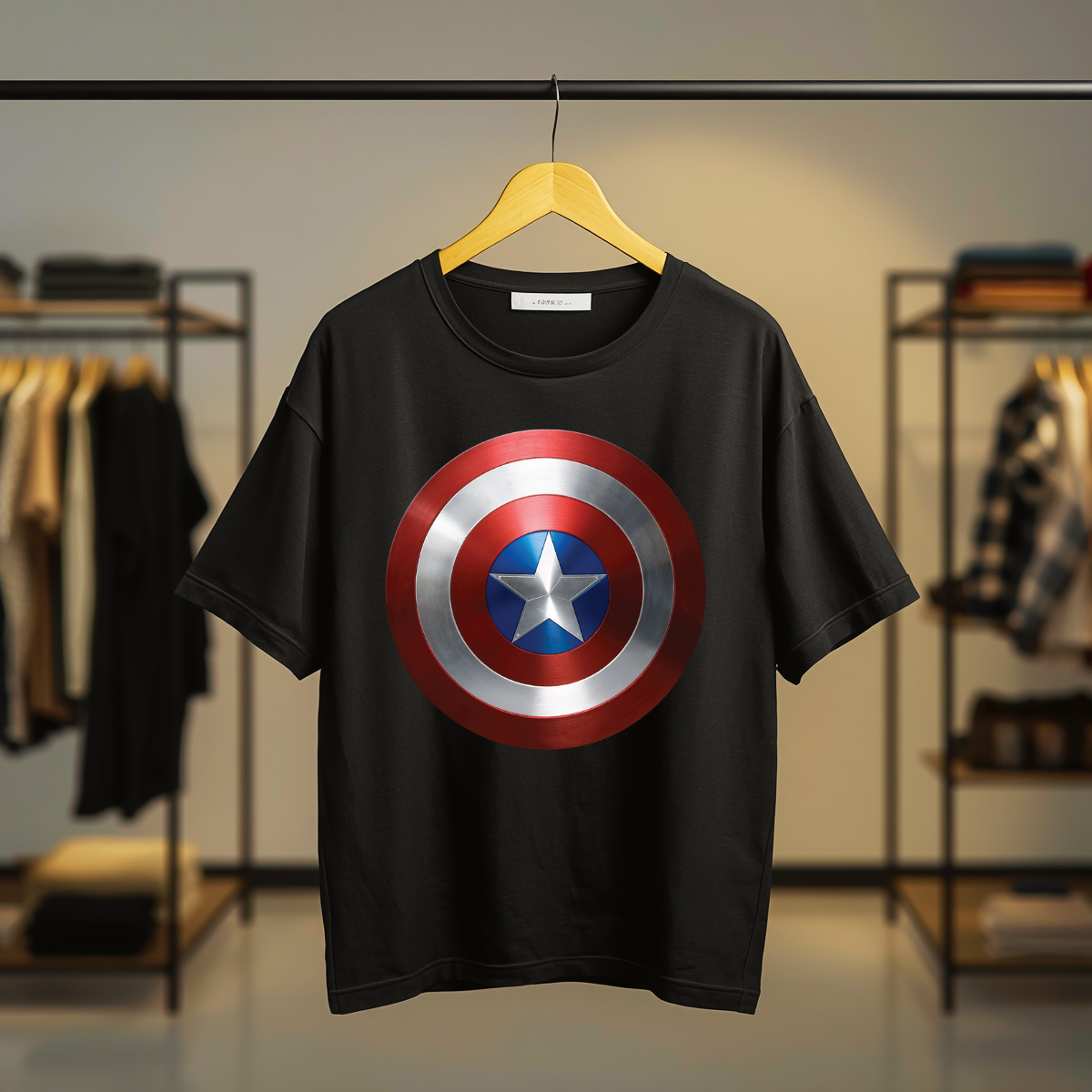 Black T-shirt featuring Captain America with his iconic shield and bold Captain America graphic artwork on the front.