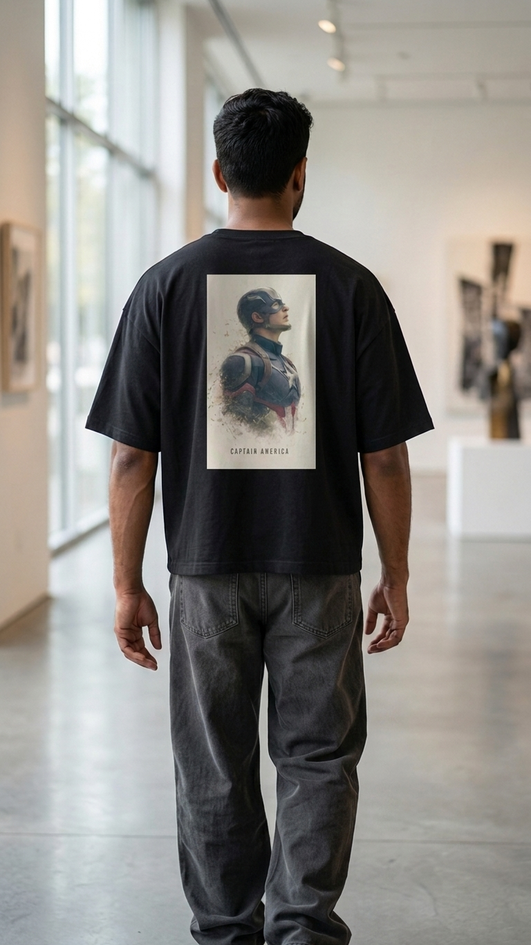 Black T-shirt featuring Captain America with his iconic shield and bold Captain America graphic artwork on the front.