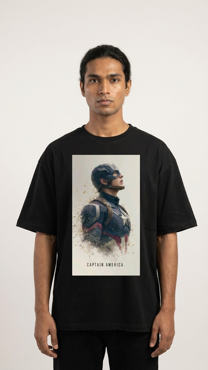 Black T-shirt featuring Captain America with his iconic shield and bold Captain America graphic artwork on the front.