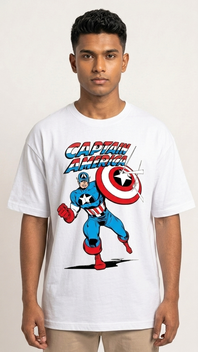 Black T-shirt featuring Captain America with his iconic shield and bold Captain America graphic artwork on the front.