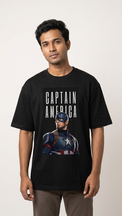 Black T-shirt featuring Captain America with his iconic shield and bold Captain America graphic artwork on the front.