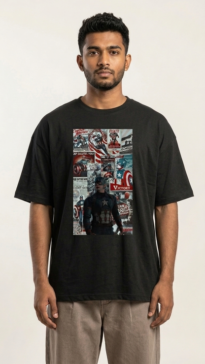 Black T-shirt featuring Captain America with his iconic shield and bold Captain America graphic artwork on the front.