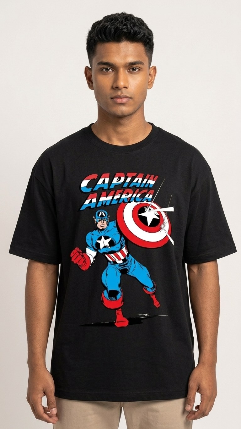 Black T-shirt featuring Captain America with his iconic shield and bold Captain America graphic artwork on the front.