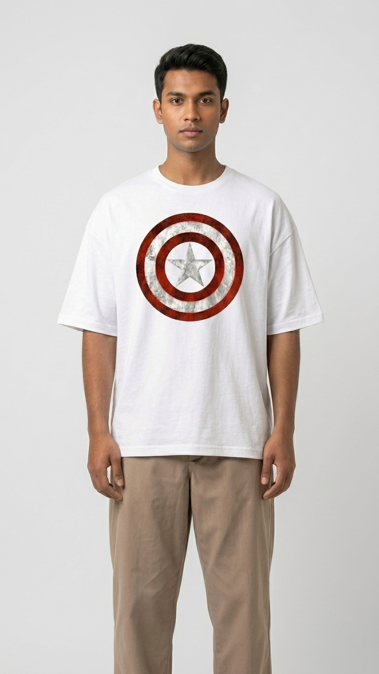 Black T-shirt featuring Captain America with his iconic shield and bold Captain America graphic artwork on the front.